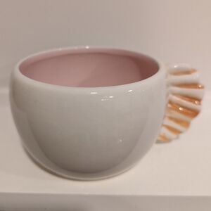 White and Pink Ceramic Latte Mug with Shell Design handle